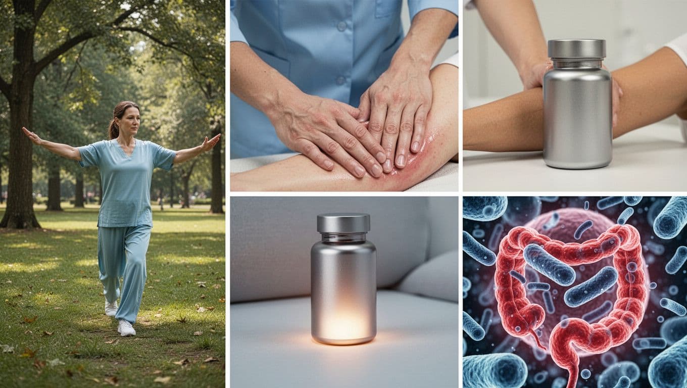 Modern illustration in soft blues, greens, and earth tones showing diverse alternative medicine practices: tai chi in a serene park, lymphatic drainage massage, NMN supplement with glowing aura, and gut health microbiome visualization.