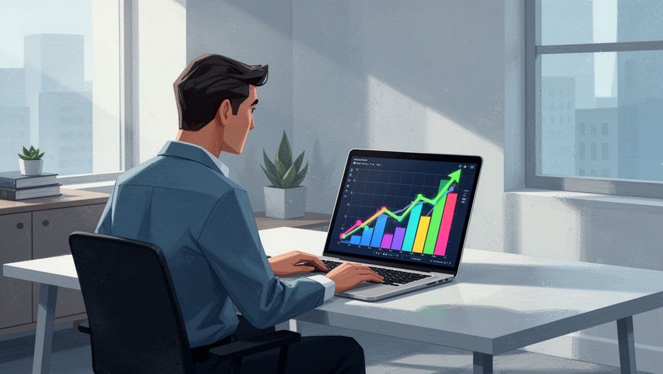 Modern illustration of a person at a desk analyzing colorful trend graphs on a laptop screen showing rising product search volumes in a clean office setting.