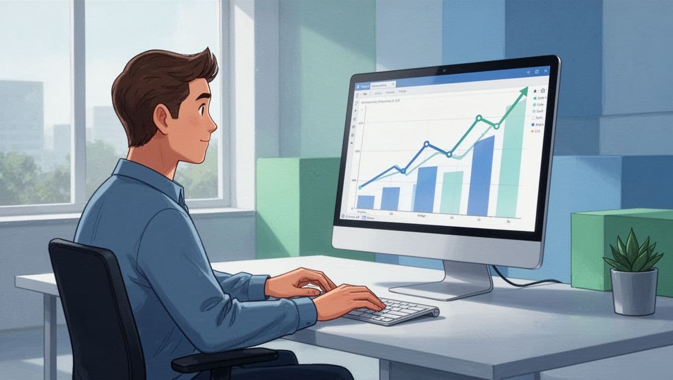 Modern illustration of a person at a desk in a bright office analyzing rising trend graphs for niche markets on a computer screen, featuring clean shapes, blue and green colors, and a strong side-angle composition.