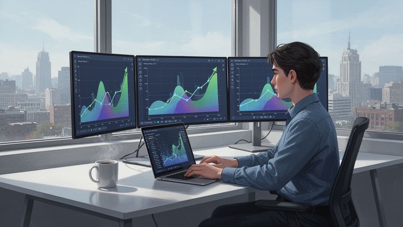 Modern illustration of a professional at a desk with dual monitors showing rising trend graphs and Exploding Topics dashboard, laptop, coffee mug, and city view window.