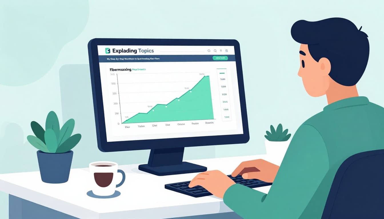 Modern illustration of a focused analyst at a desk examining the Exploding Topics dashboard on a laptop screen, featuring rising charts for trending diet plans like fibermaxxing and high-protein diets, with a coffee mug nearby in blues and greens palette.