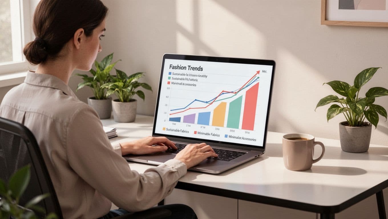 Modern illustration of a focused analyst at a desk examining the Exploding Topics dashboard on a laptop, displaying rising graphs for fashion trends like sustainable fabrics and minimalist accessories, in a clean home office with plants and coffee mug.