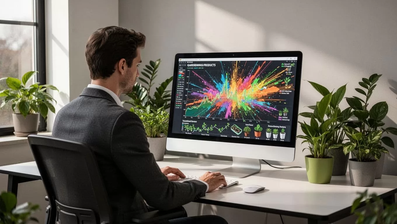 Modern illustration of a person at a desk analyzing a trend dashboard on a computer screen with exploding search graphs for gardening products like seed starters and smart planters, in an office with nearby plants, clean shapes and strong composition.