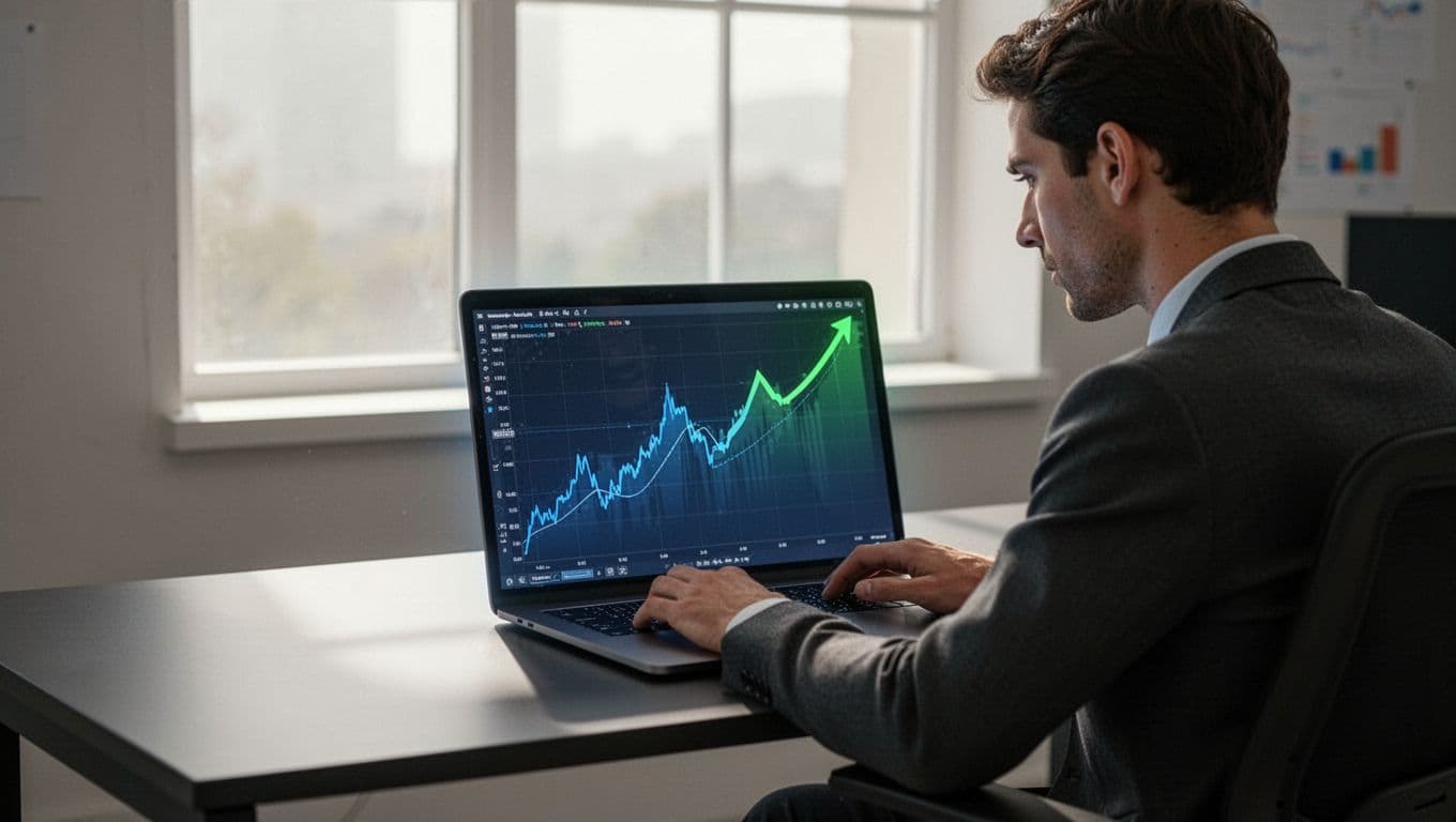 Modern illustration of a single person at a desk analyzing a digital dashboard displaying rising trend graphs for AI and robotics, using clean shapes and a blue-green color palette with prominent laptop screen and soft office lighting.