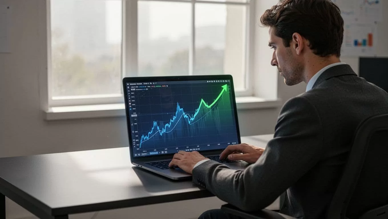 Modern illustration of a single person at a desk analyzing a digital dashboard displaying rising trend graphs for AI and robotics, using clean shapes and a blue-green color palette with prominent laptop screen and soft office lighting.