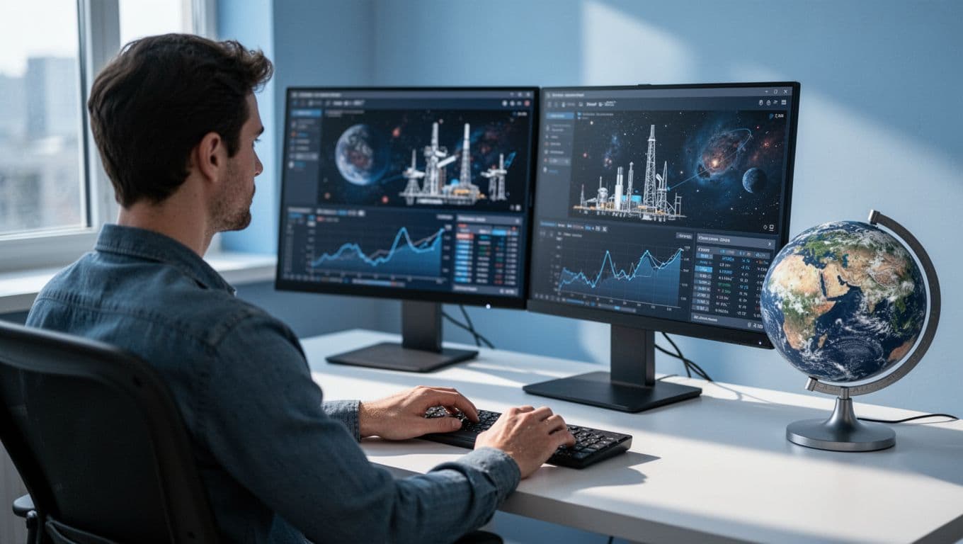 Modern illustration of an analyst at a desk analyzing space industry trend data on dual monitors, with relaxed hands on keyboard in a clean office with Earth globe model, blue tones, over-shoulder view.