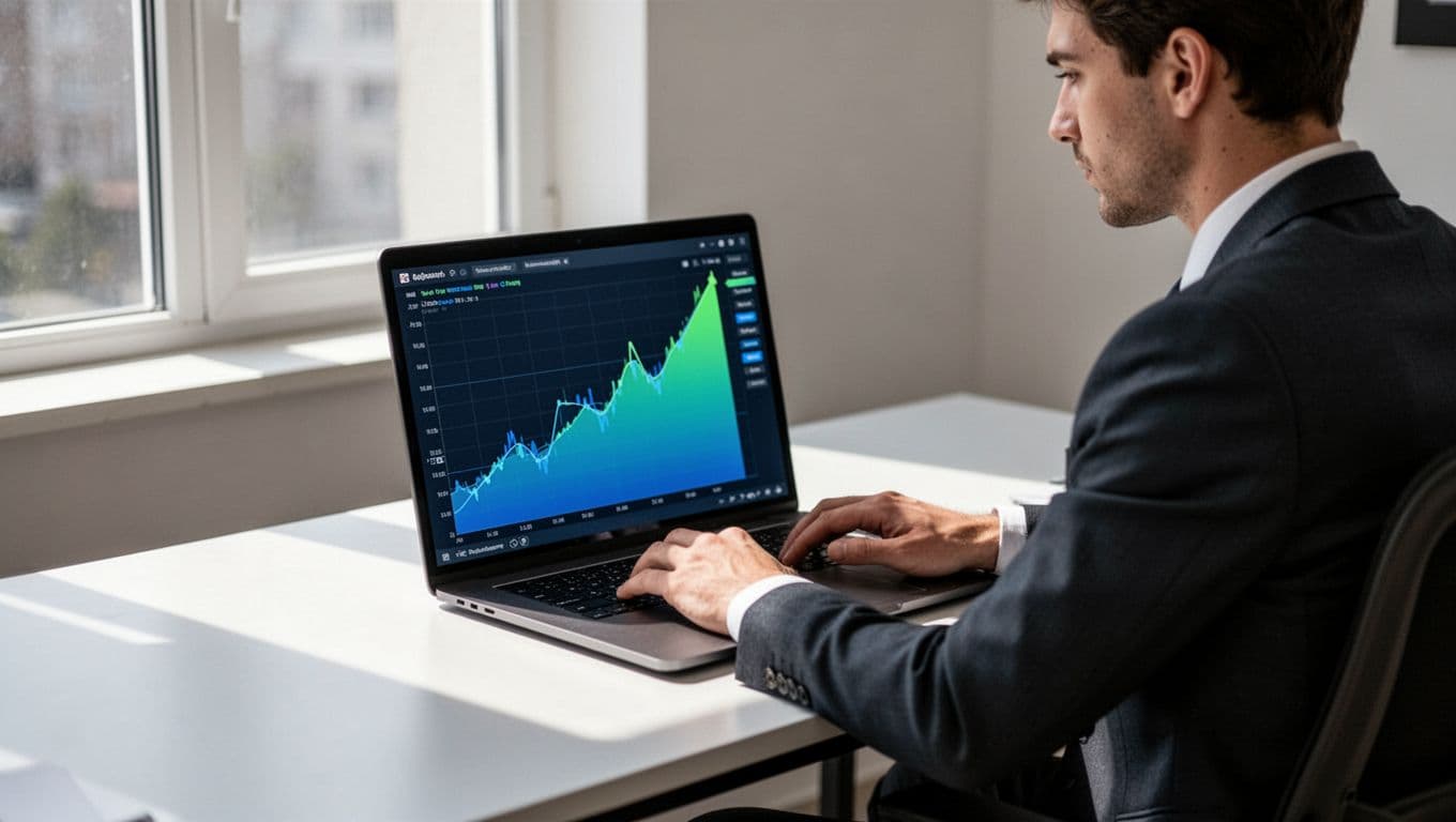Modern illustration of a person at a desk analyzing colorful upward exploding trend graphs on a laptop screen with clean blue and green shapes from a side angle.