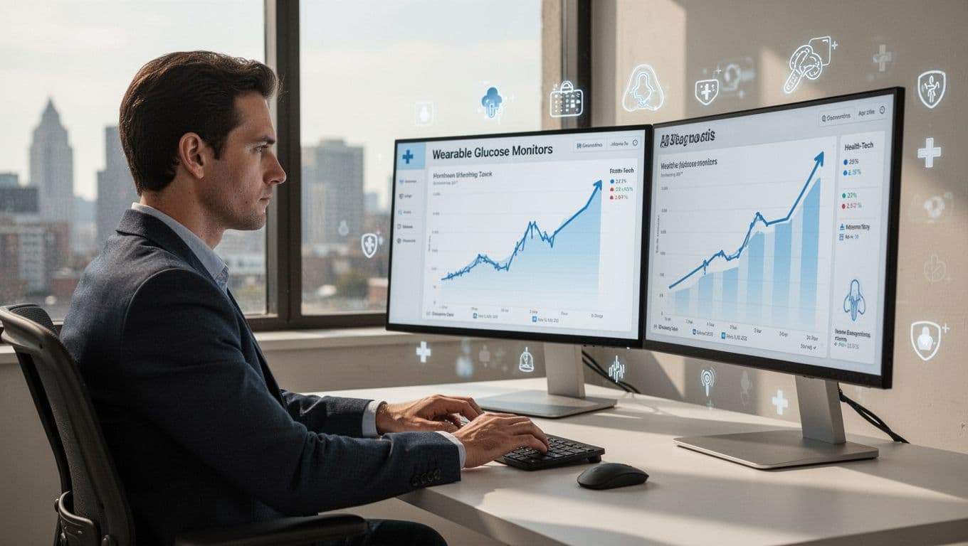 Modern illustration of a focused analyst at a desk with dual monitors displaying spiking Exploding Topics dashboard graphs for wearable glucose monitors and AI diagnostics, subtle medical icons, city view background, side view emphasizing data rise.