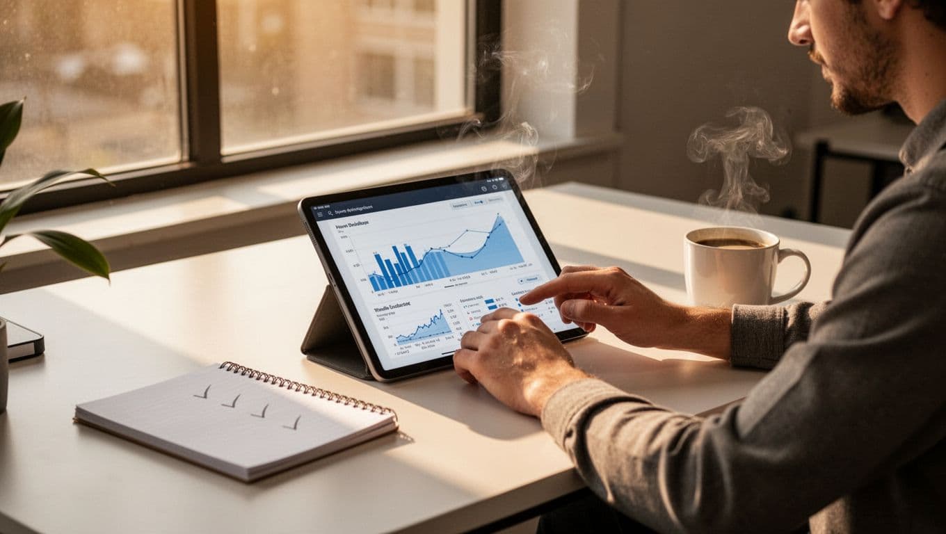 Illustration of a person at a modern desk analyzing product validation charts on a tablet showing graphs for demand, competition, and margins, with a notebook featuring checkmarks and a coffee mug nearby, in a clean workspace with warm lighting focused on data areas.