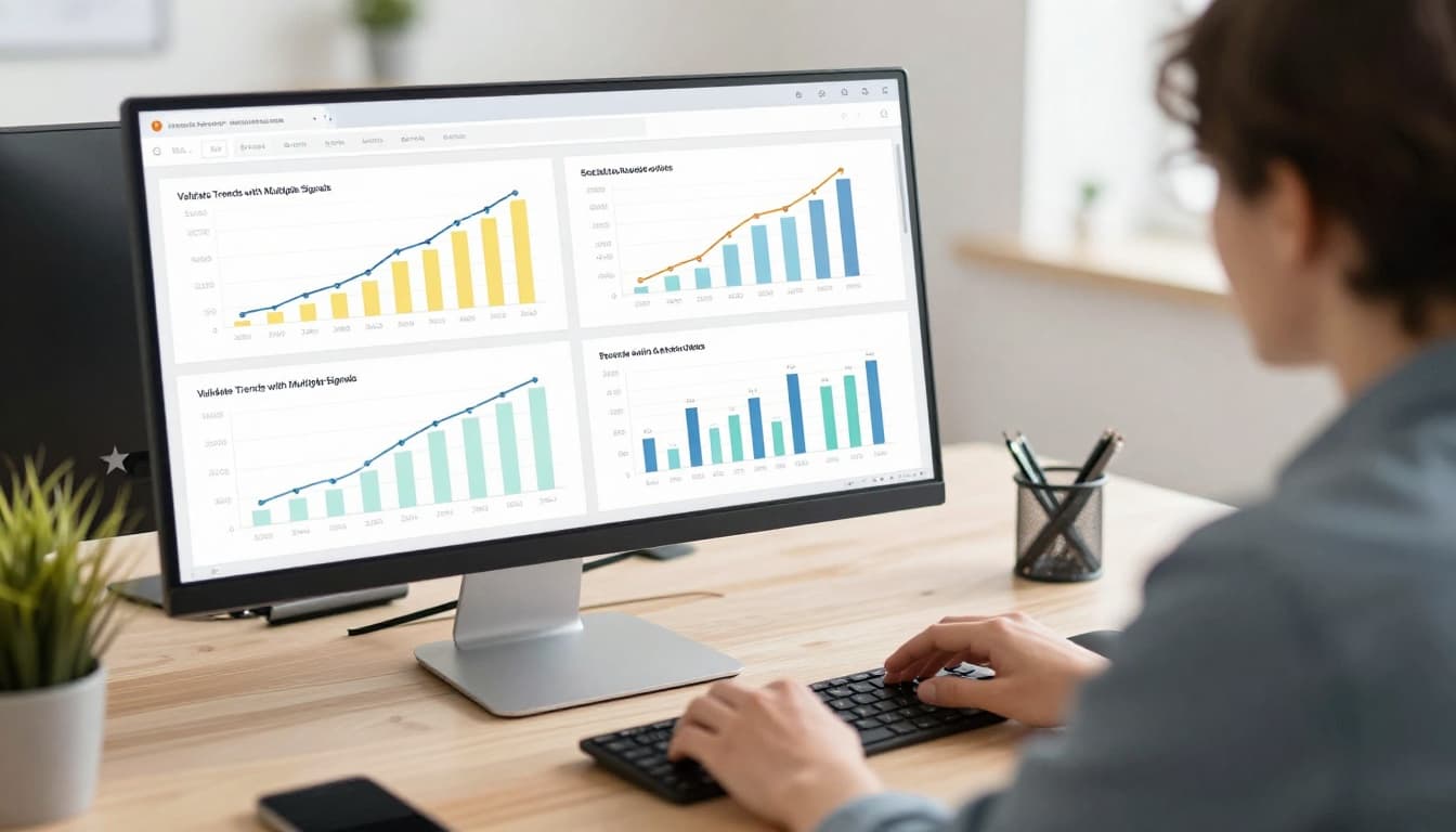 Modern illustration of an analyst in a contemporary workspace reviewing charts on a desktop screen showing search growth, social mentions, and marketplace sales for trend validation. The composed view features soft lighting, clean shapes, and one person with hands on keyboard.