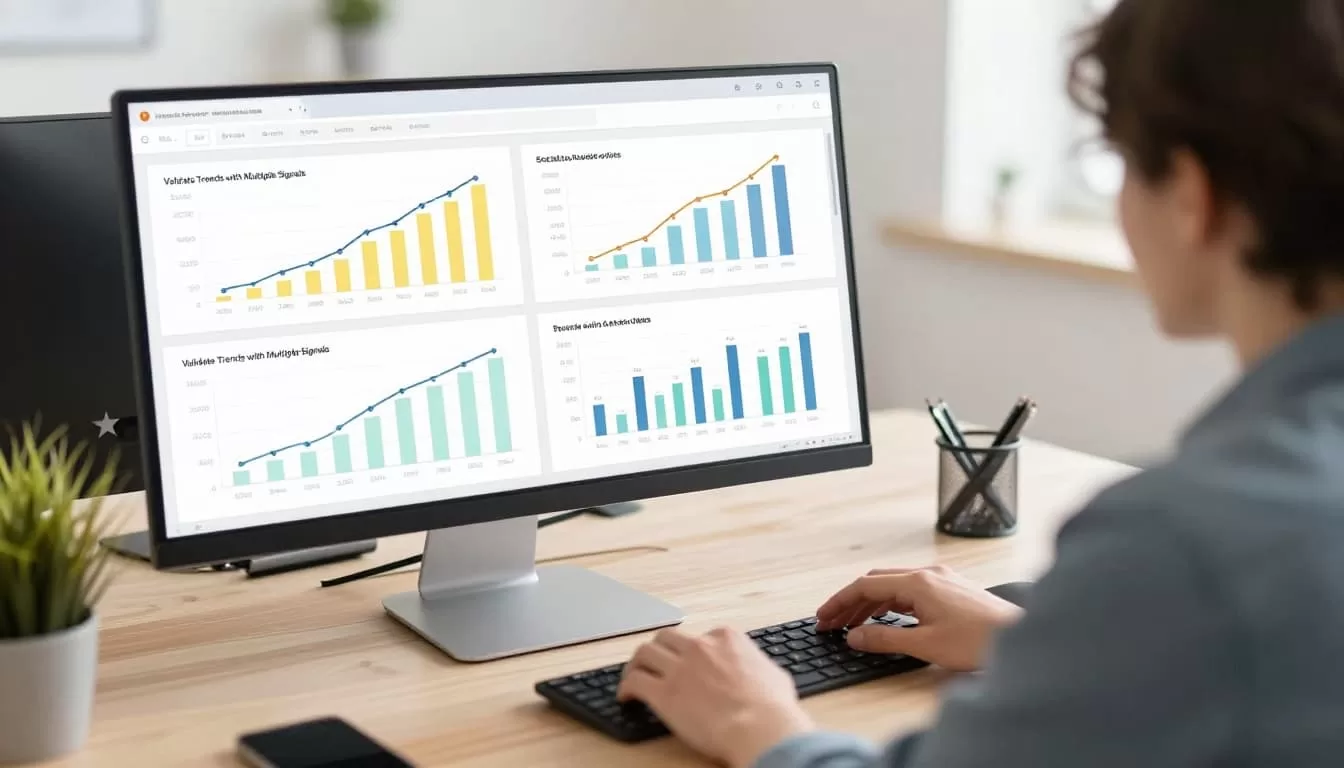Modern illustration of an analyst in a contemporary workspace reviewing charts on a desktop screen showing search growth, social mentions, and marketplace sales for trend validation. The composed view features soft lighting, clean shapes, and one person with hands on keyboard.