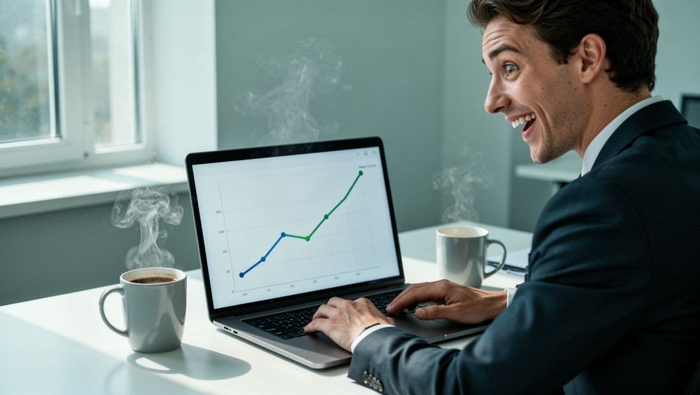 Modern illustration of a person at a desk analyzing a Google Trends graph on a laptop screen, depicting rising product interest in a line chart. Clean office setting with a coffee mug, focused on the excited expression and screen in a blue-green palette.