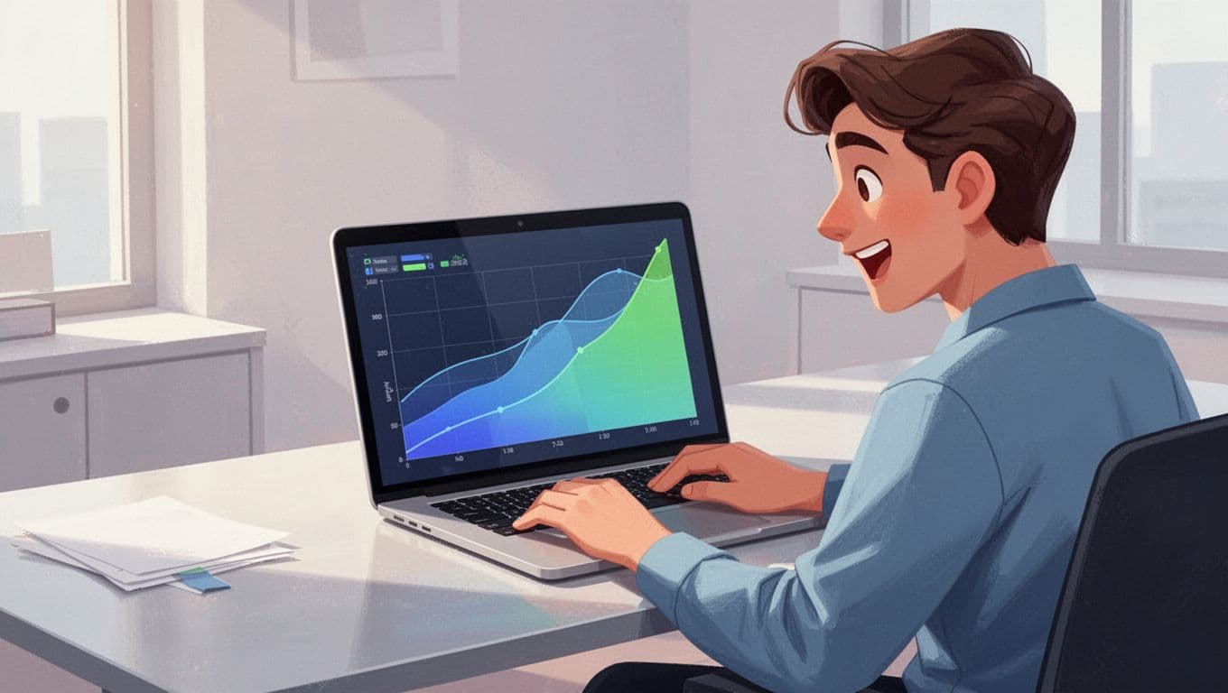 Modern illustration of a person at a desk analyzing colorful trend graphs on a laptop screen, with charts showing rising lines for AI tools in a clean office setting, focus on excited expression and screen.