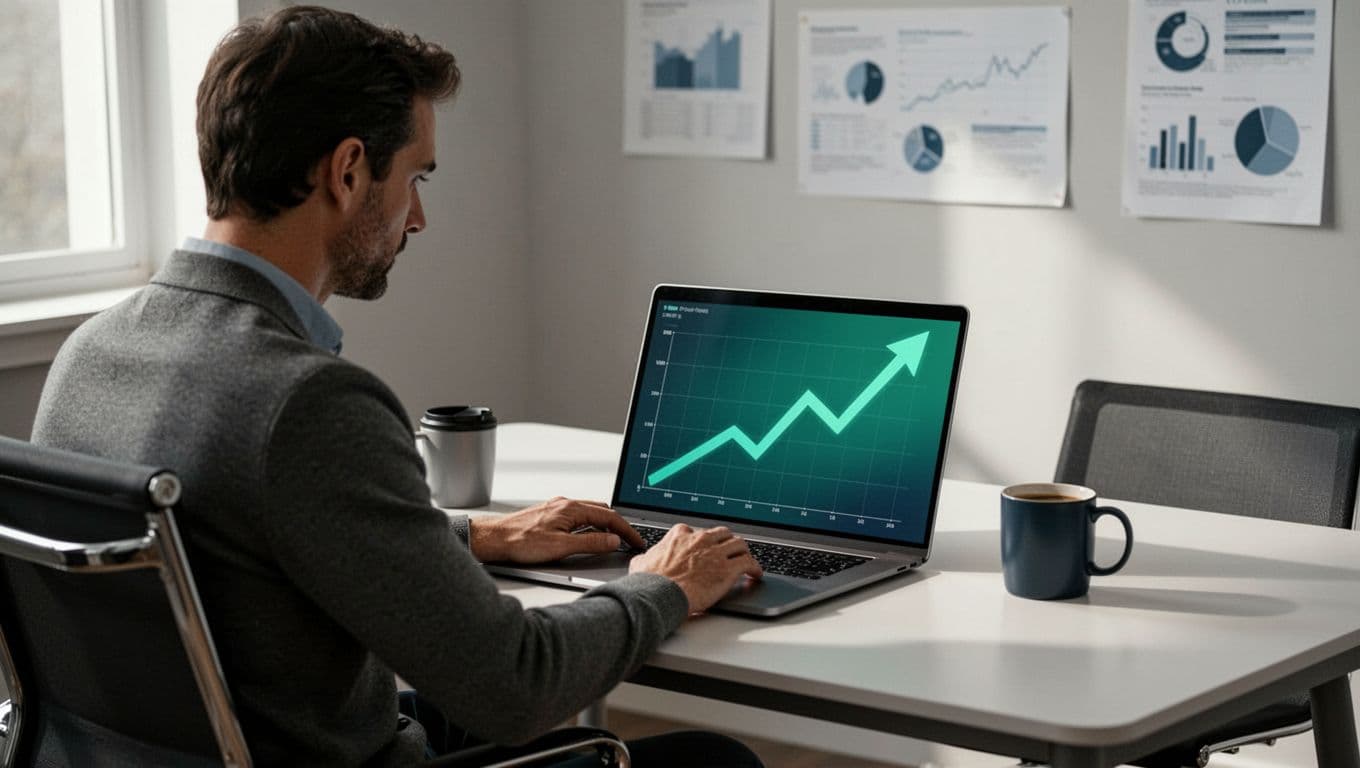 Modern illustration of a person at a desk analyzing a trend graph on a laptop screen showing rising health product trends like supplements and wearables, in a clean office with charts and coffee mug.