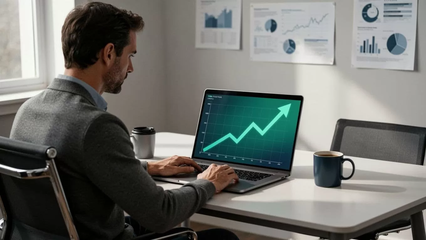 Modern illustration of a person at a desk analyzing a trend graph on a laptop screen showing rising health product trends like supplements and wearables, in a clean office with charts and coffee mug.