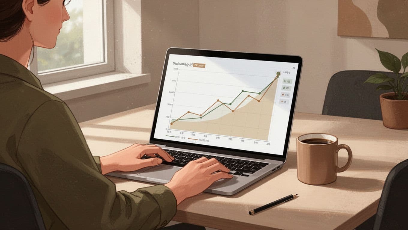 Modern illustration of a person at a desk viewing trend graphs on a laptop screen showing rising upcycling brand searches, in a natural office with earth tones and soft lighting.