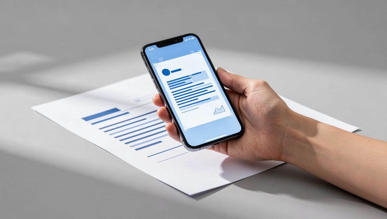 Modern illustration of a hand holding an Android phone over a paper document on a table, showing the Google Drive scan interface on the screen in a clean blue-white palette.