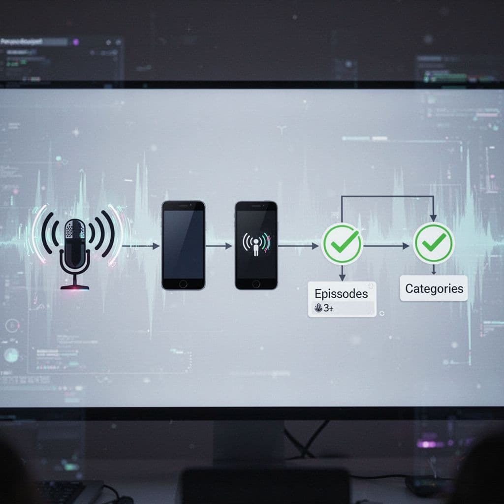 Modern abstract illustration of the podcast RSS feed validation process, featuring RSS symbol connecting to stylized Apple logo with checkmarks for artwork, episodes, and categories in a simple flowchart style on a digital screen background.