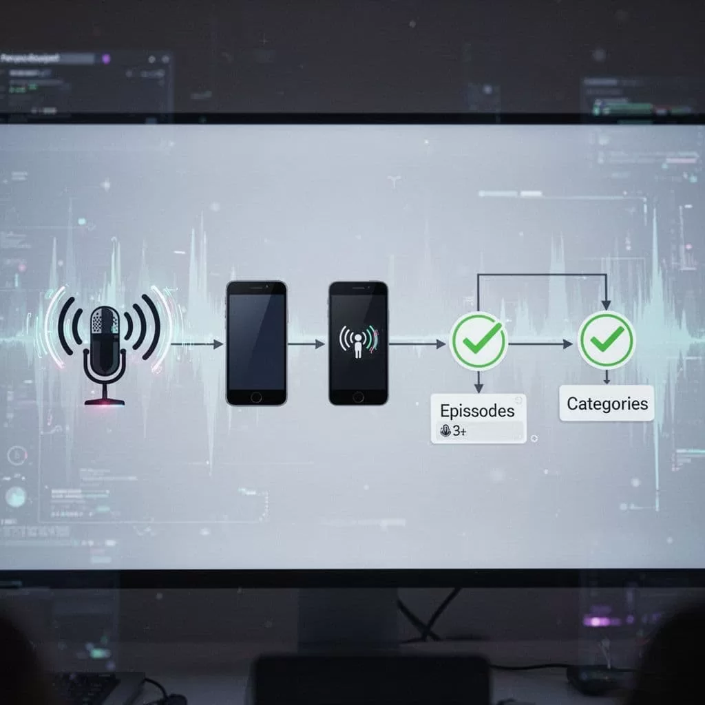 Modern abstract illustration of the podcast RSS feed validation process, featuring RSS symbol connecting to stylized Apple logo with checkmarks for artwork, episodes, and categories in a simple flowchart style on a digital screen background.