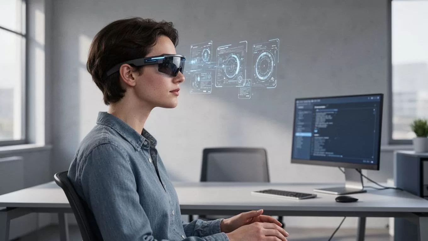 Modern illustration of a single person in an office wearing AR glasses, viewing subtle holographic data overlays from a side angle, with clean neutral gray and blue tones and simple desk background.
