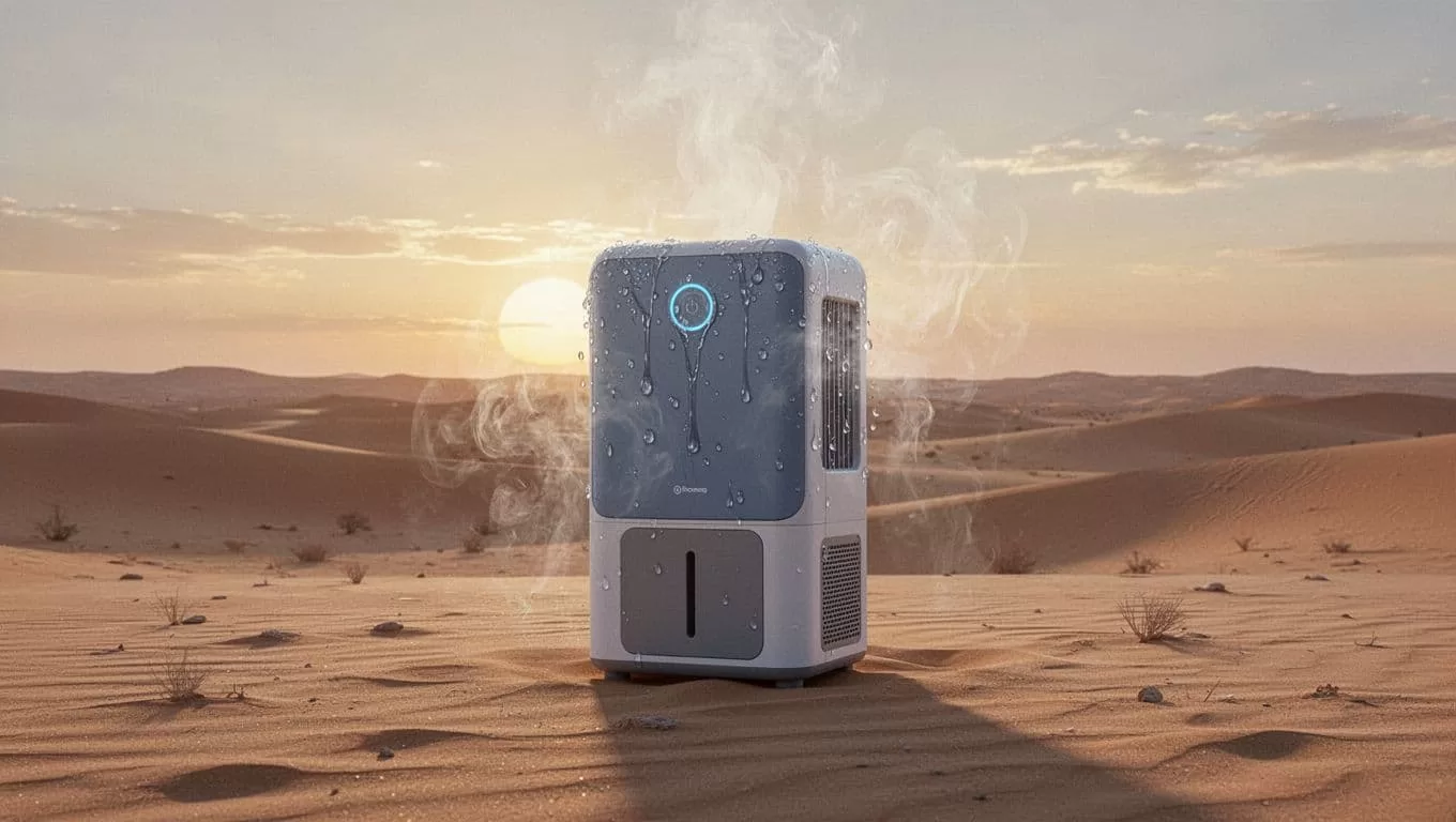 Modern illustration of a single compact atmospheric water generator device in an arid desert landscape at dawn, with vapor condensing into water droplets on its surface.