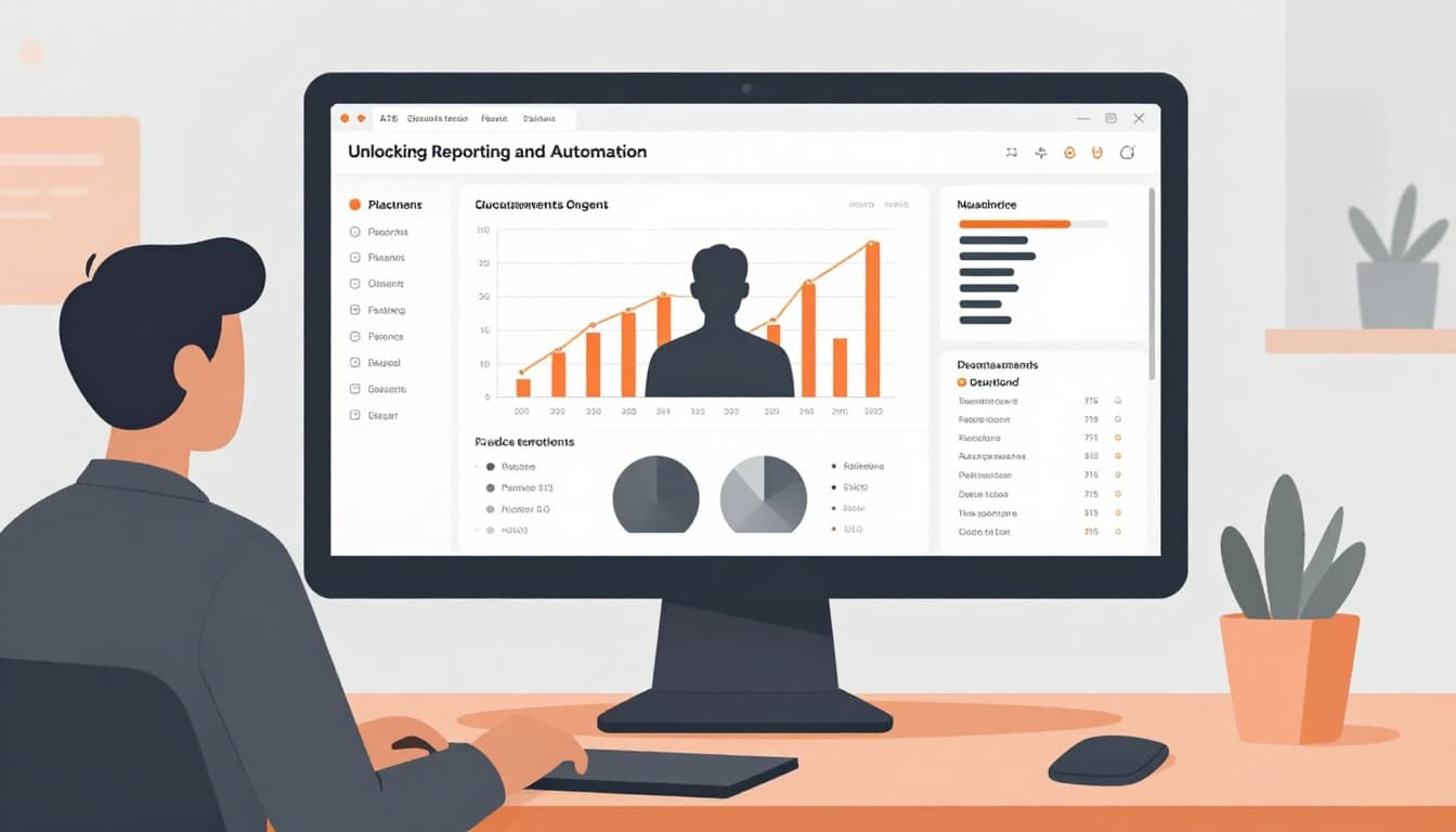Modern illustration featuring a centered laptop displaying a recruitment analytics dashboard with metrics like placements and pipeline health, viewed by a recruiter silhouette against a minimal office background. Clean shapes, soft lighting, professional grays accented with orange, strong composition with no text or interaction.