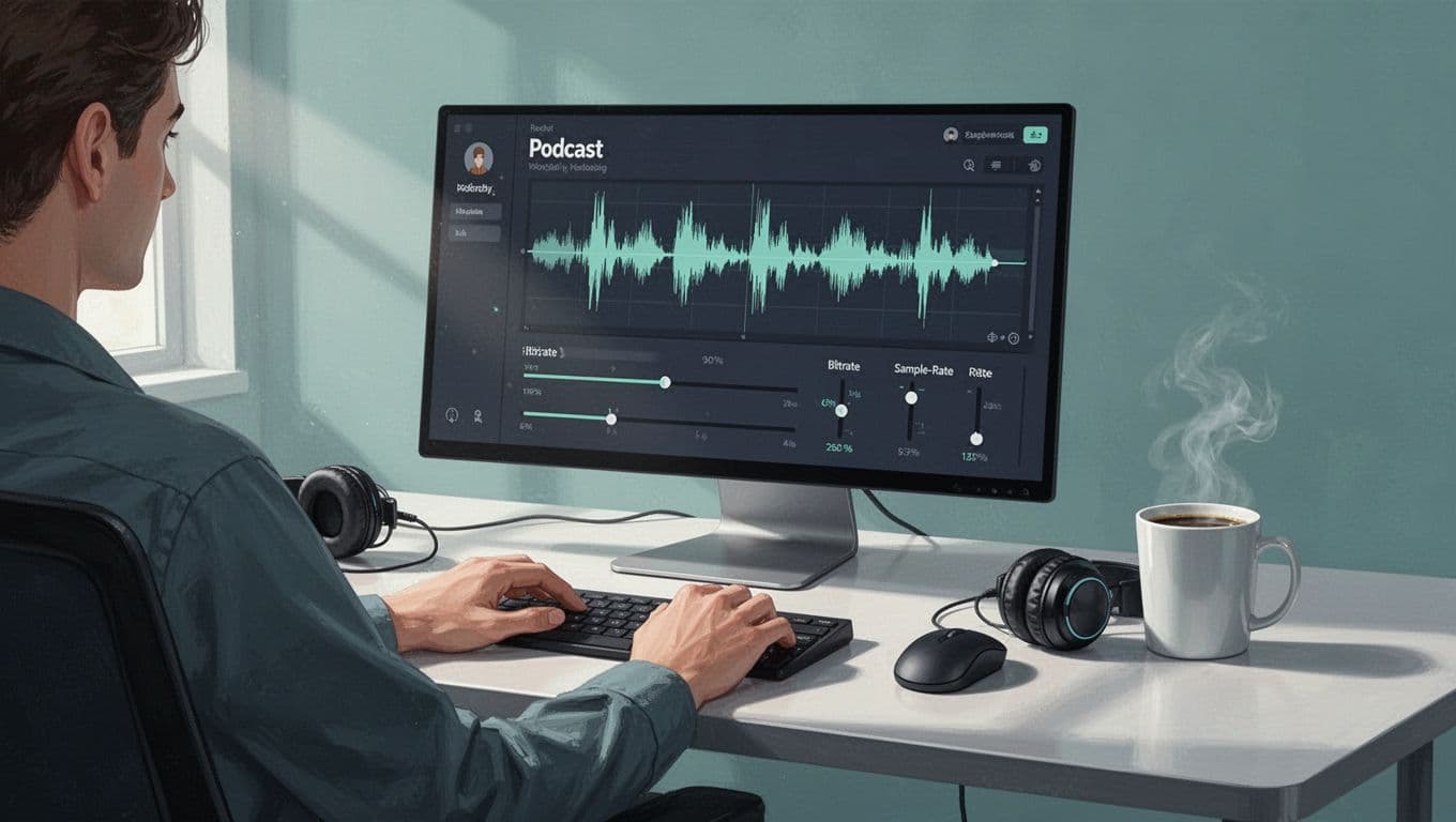 Audio engineer adjusts bitrate and sample rate sliders on editing interface with podcast waveform; desk has headphones and coffee mug.