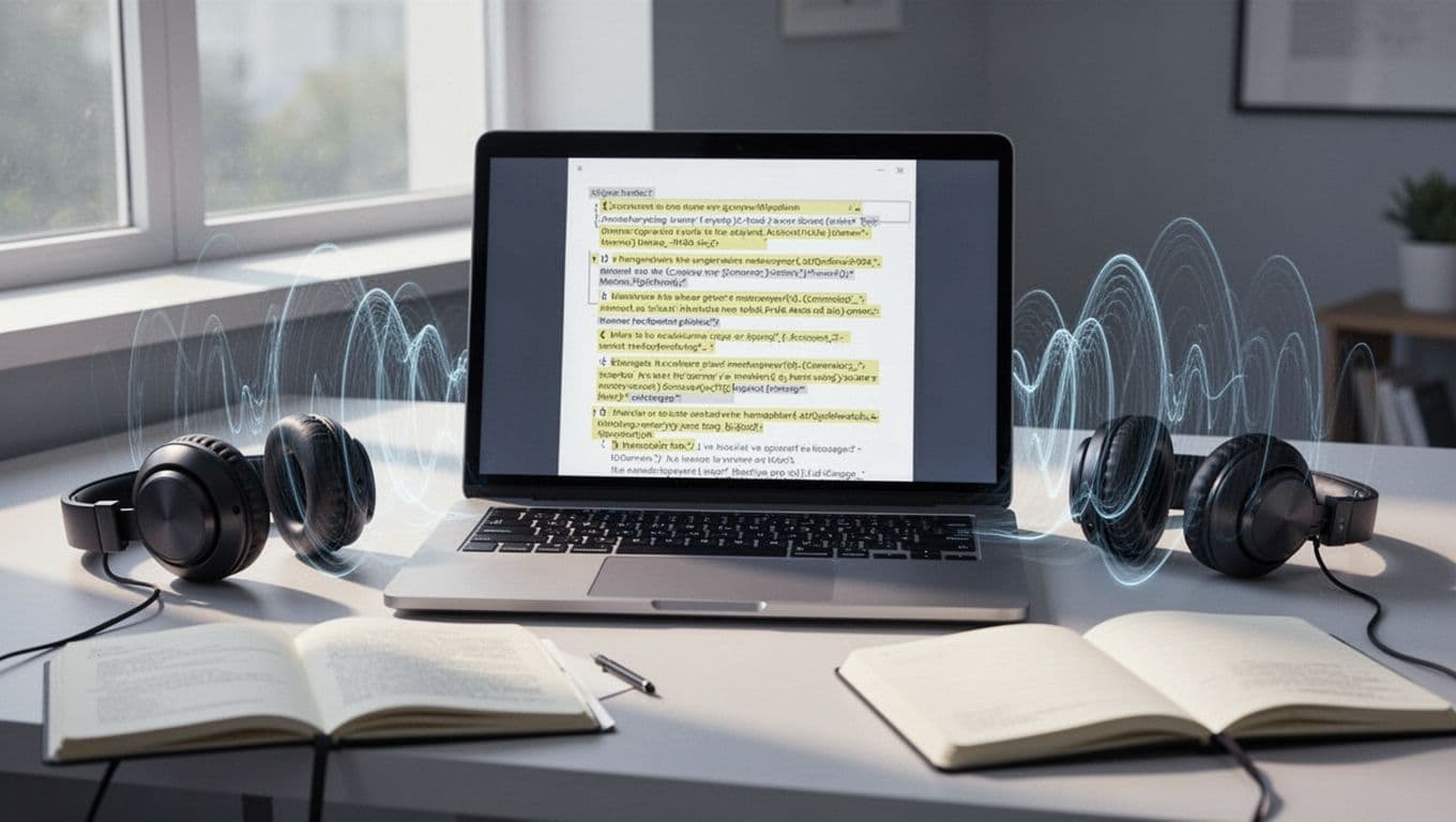 Close-up of a laptop screen with highlighted text scrolling as audio plays, visualized by subtle sound waves from nearby headphones in a simple modern desk setup.