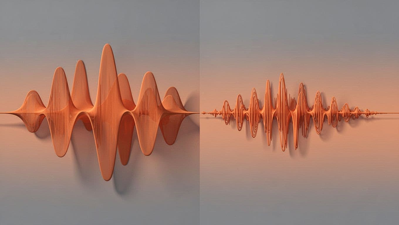 Split-screen compares uncompressed audio waveform with large file size to compressed version with reduced size.