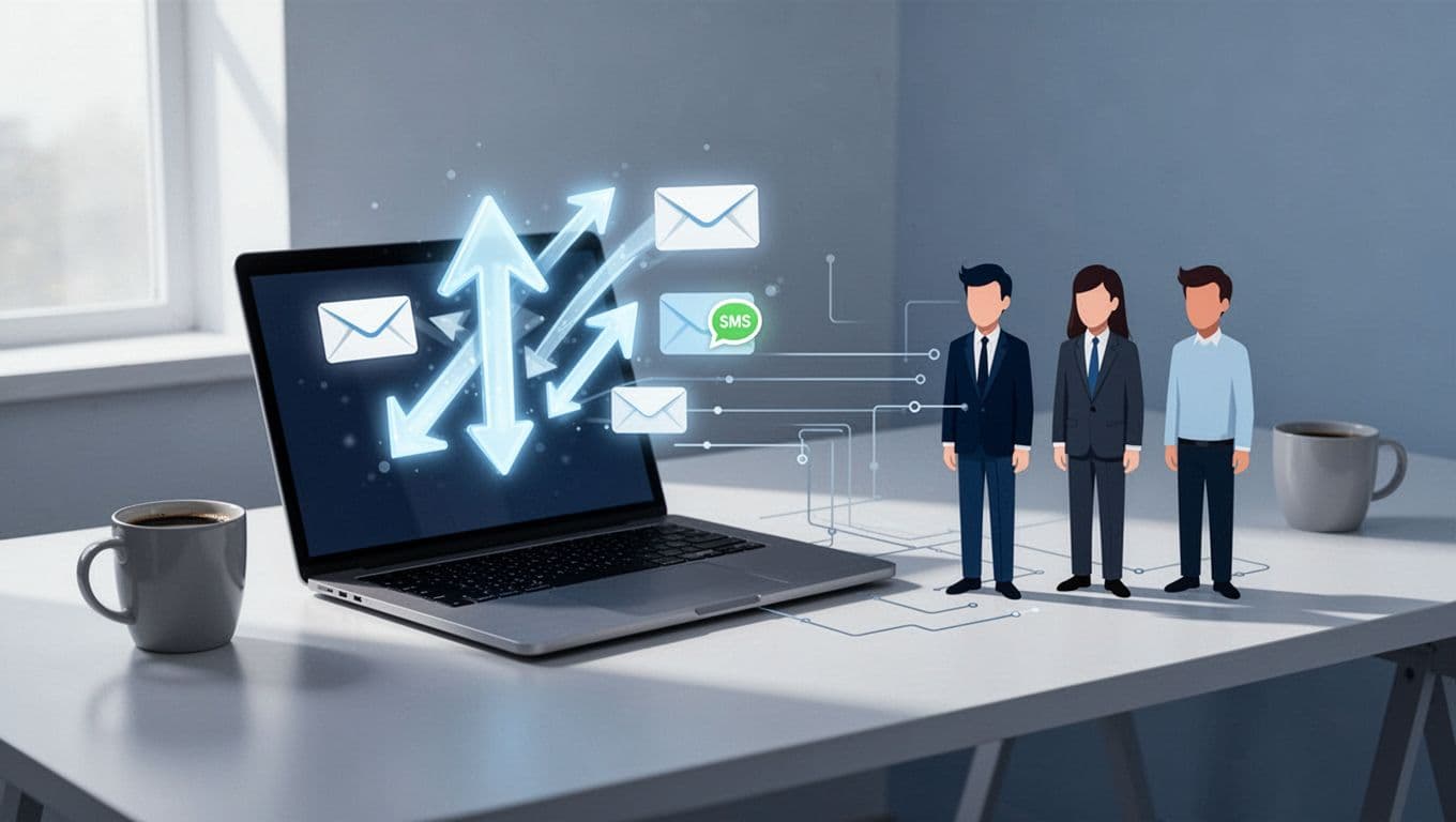 Laptop on desk sends email and SMS icons via arrows to three candidate avatars, connected by workflow lines in minimalist workspace with coffee mug.