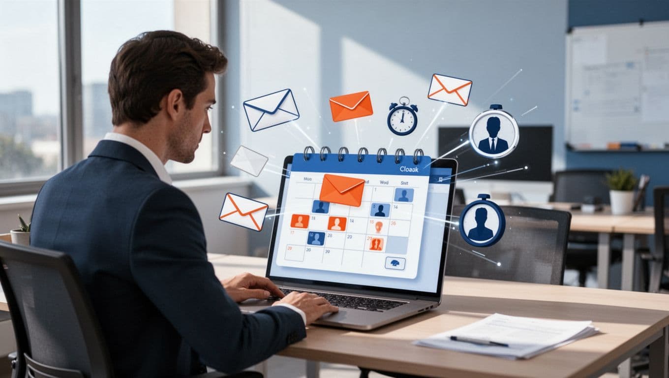 Modern illustration depicting automated interview scheduling with a calendar interface on screen, email notifications flying out, and a recruiter viewing a laptop in a modern office.