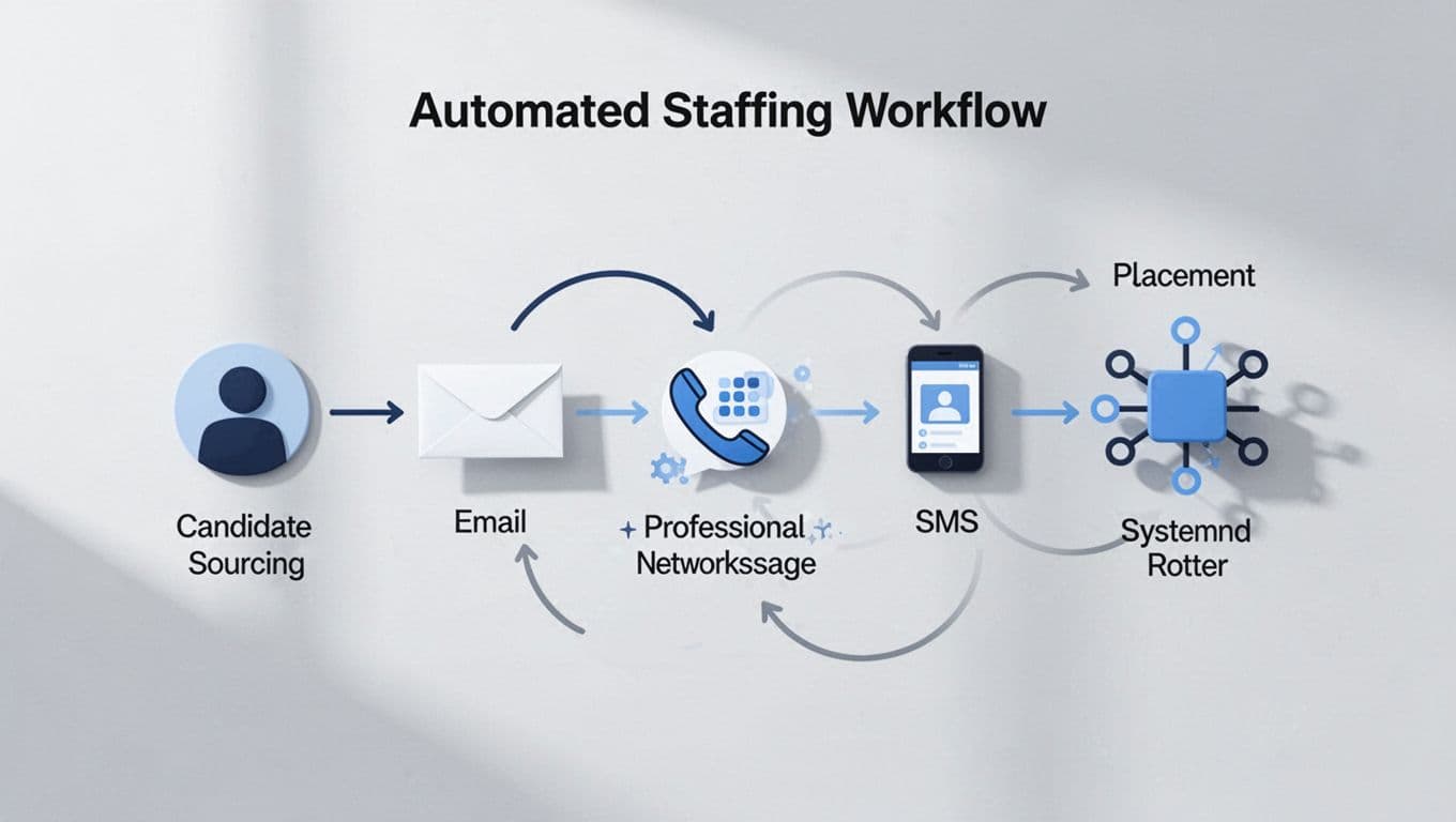 Flowchart diagram with arrows linking icons for candidate sourcing, email, LinkedIn message, SMS follow-up, and placement.