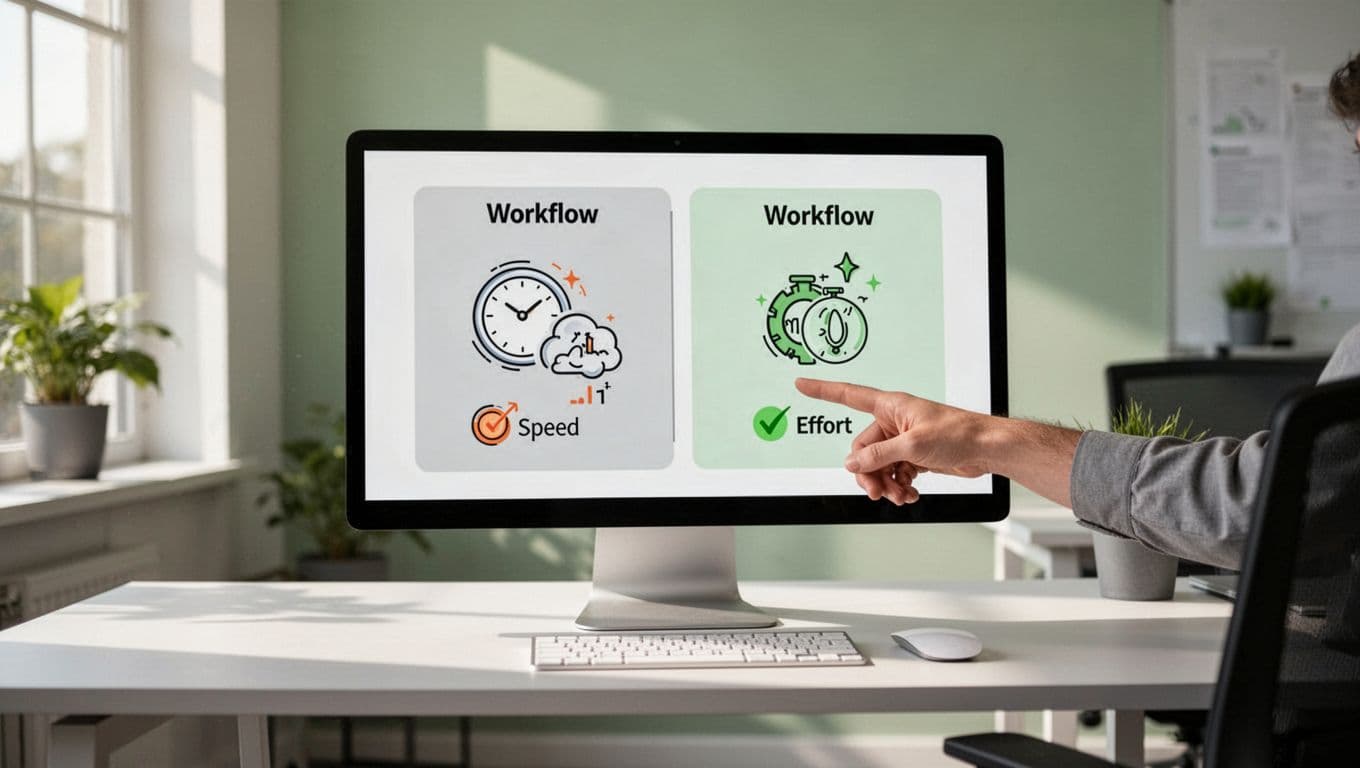 Monitor on office desk displays comparison chart of automated versus manual podcast directory submissions with icons; relaxed hand points to screen.