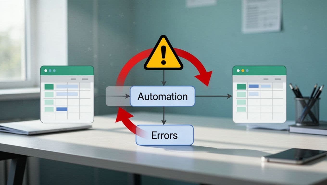 Modern illustration of error handling in an automation workflow, featuring a warning sign next to the Make module with a red looping arrow, Airtable and Sheets icons, in a simple flowchart style with subtle desk environment and soft blue-green tones.