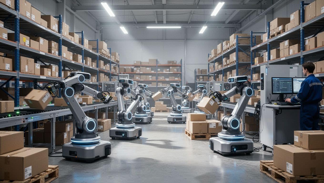 Modern illustration in blues and grays with clean lines depicting autonomous robots sorting packages in a bright warehouse, organized inventory shelves, and a distant supervisor monitoring from a console.