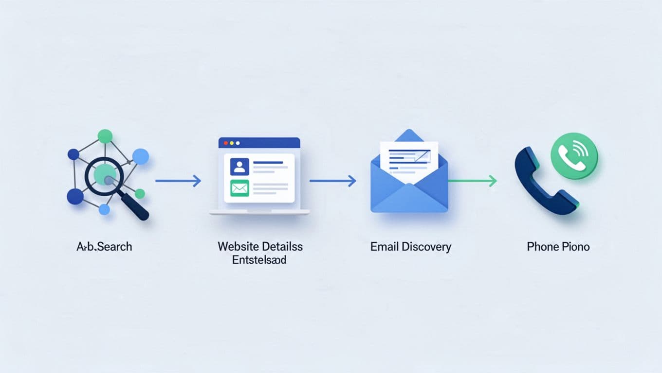 Modern illustration in clean shapes using blues and greens, depicting a visual flowchart transforming company names into enriched B2B leads with icons for LinkedIn search, website details, email finder, and phone.