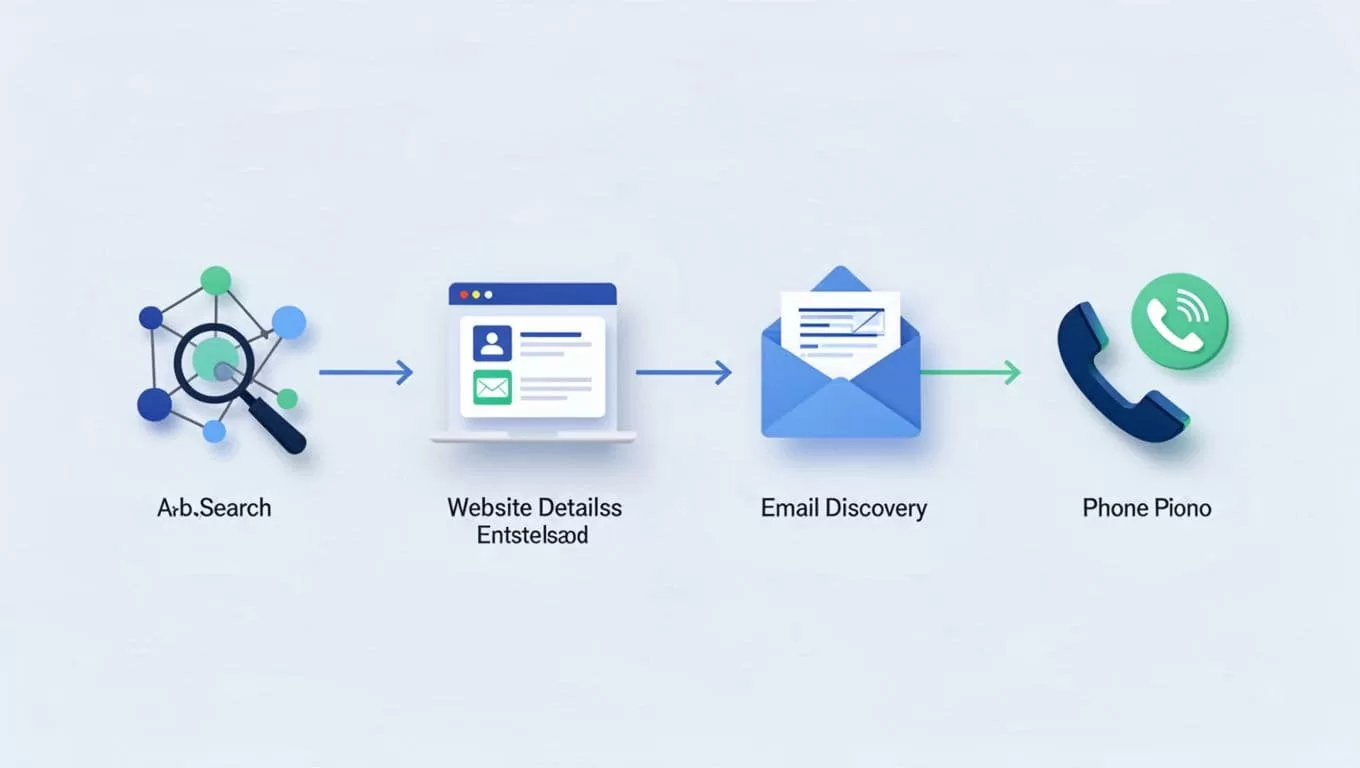 Modern illustration in clean shapes using blues and greens, depicting a visual flowchart transforming company names into enriched B2B leads with icons for LinkedIn search, website details, email finder, and phone.