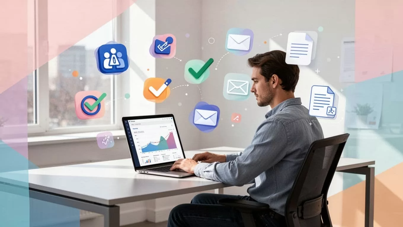 Modern illustration of a marketer at a desk with laptop open to Hunter.io dashboard showing domain search results and email icons, surrounded by B2B lead gen icons like company logos, verification checkmarks, email drafts, and outreach envelopes in a light office.