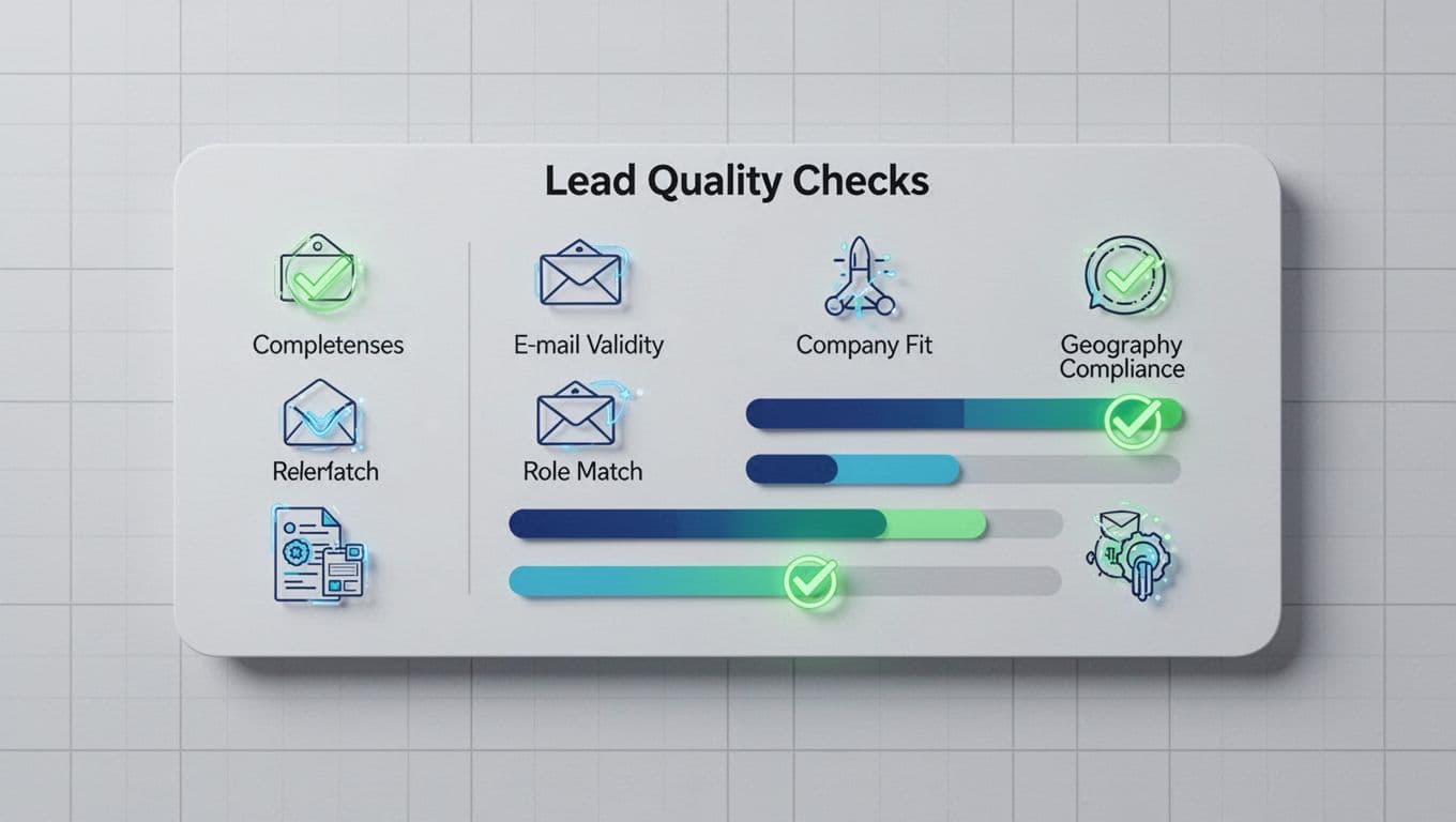 Modern illustration of a digital scorecard dashboard for B2B lead list quality vetting, with icons for field completeness, email validity, role match, company fit, geography compliance, green checkmarks, and progress bars at 90%, 70%, 85% on a professional neutral background.