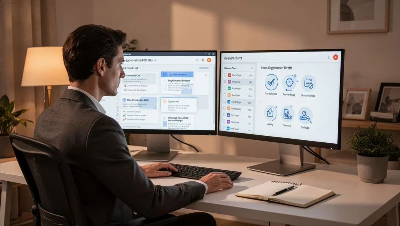 Modern illustration of a B2B marketer in a cozy home office reviewing a segmented cold email list on dual monitors, one showing personalized email drafts with company-specific details, the other displaying compliance checklist icons like verified badge, opt-out link, and GDPR note.