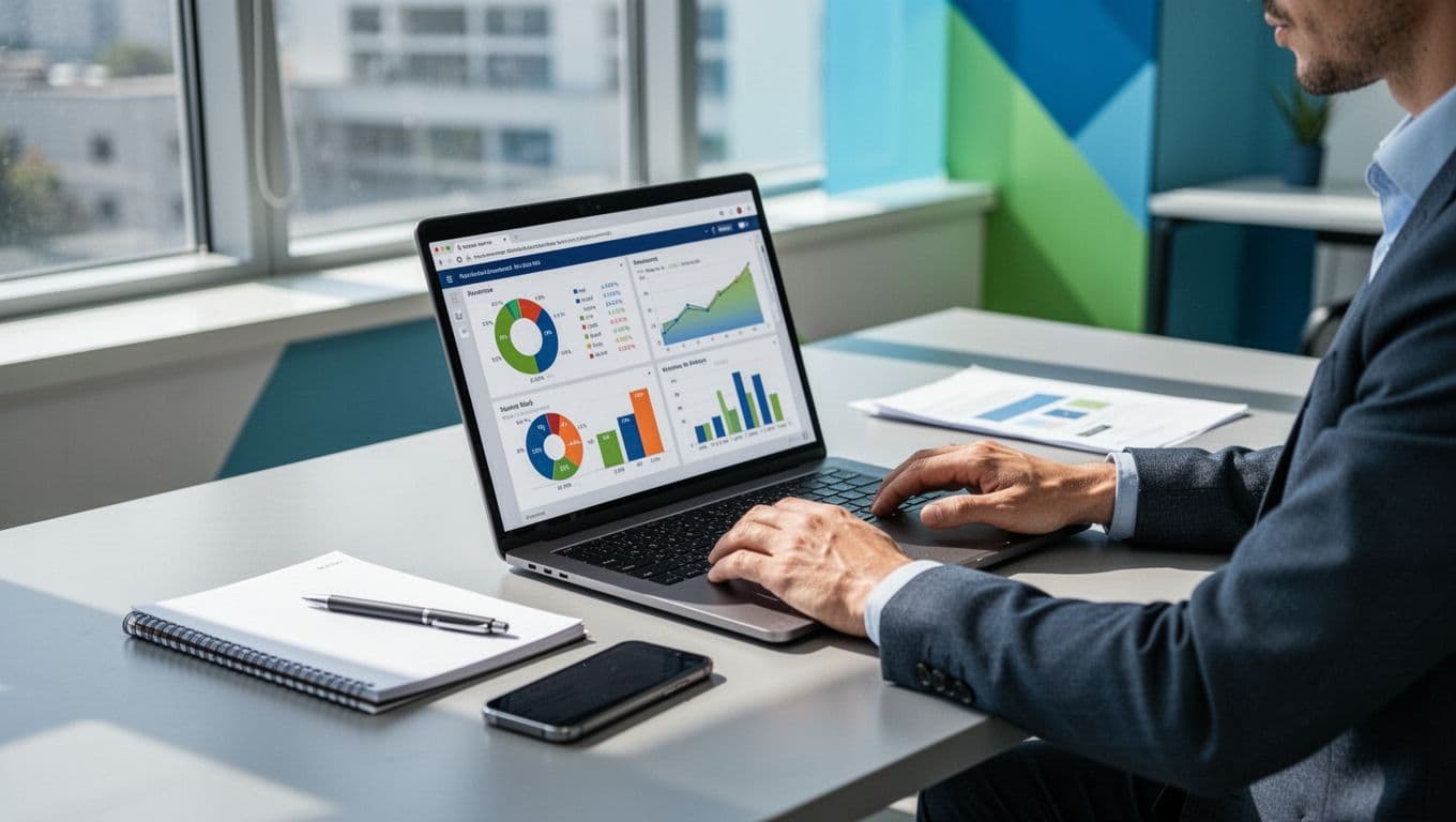 Modern illustration in clean shapes with blues and greens palette showing a B2B marketer at a desk in a bright office, laptop open to leads spreadsheet and LinkedIn tab, notepad with pen, and phone nearby, hands relaxed reviewing data.