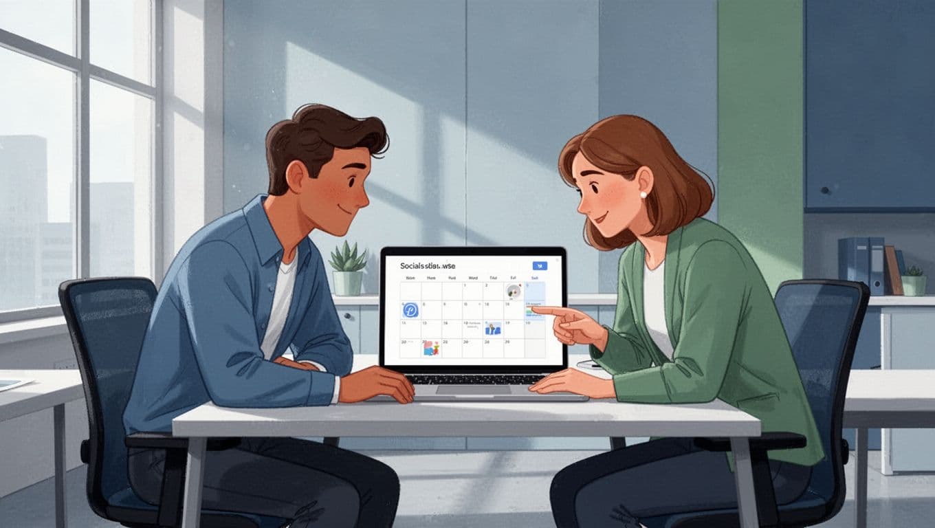 Modern illustration of a two-person B2B marketing team collaborating at a desk with a laptop displaying a social media content calendar interface in a contemporary office with blues and greens palette.