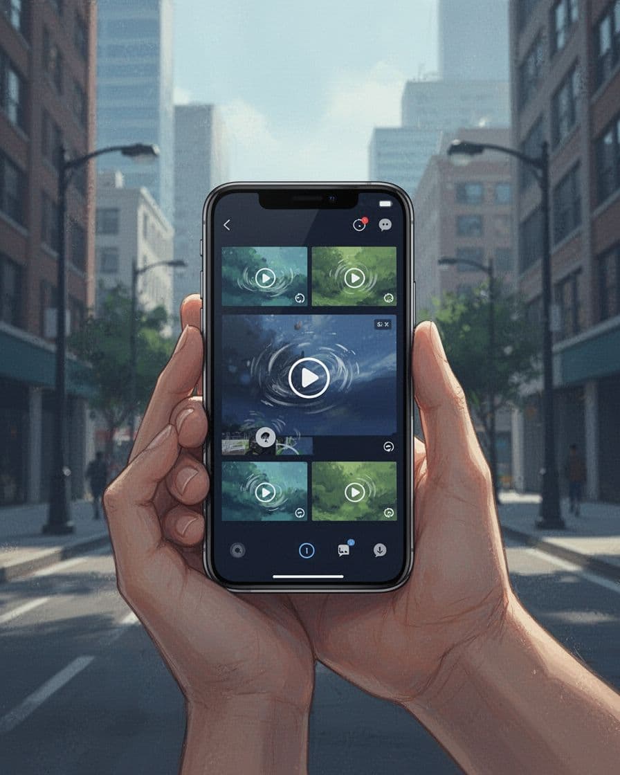 Modern illustration of phone screens displaying short video clips from a B2B podcast on LinkedIn, YouTube Shorts, and TikTok, held by one hand against an urban background in blue and green tones.