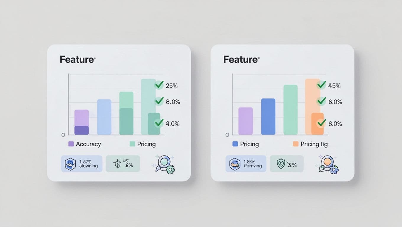 Modern side-by-side comparison charts of B2B prospecting tools Hunter and alternatives, highlighting email verification accuracy, pricing tiers, integrations via bar graphs and checkmarks on a neutral background.