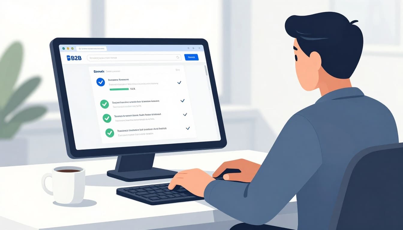 Modern illustration of a B2B sales rep sitting at a modern desk in a bright office, laptop screen showing domain search turning into verified email list, coffee mug nearby, natural window light, one person with hands on keyboard.