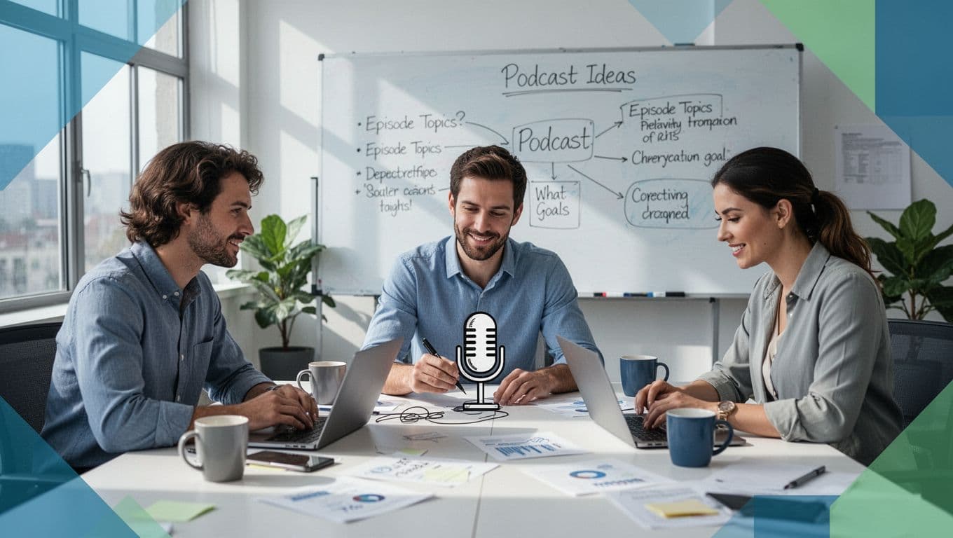 Three team members in bright office collaborate around table with laptops, coffee mugs, and whiteboard notes on episode topics.