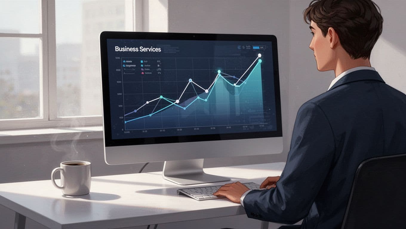 Modern illustration of a computer screen showing a dashboard with rising trend graphs for B2B services, viewed by one person at a clean desk with a coffee mug nearby, in soft natural lighting.
