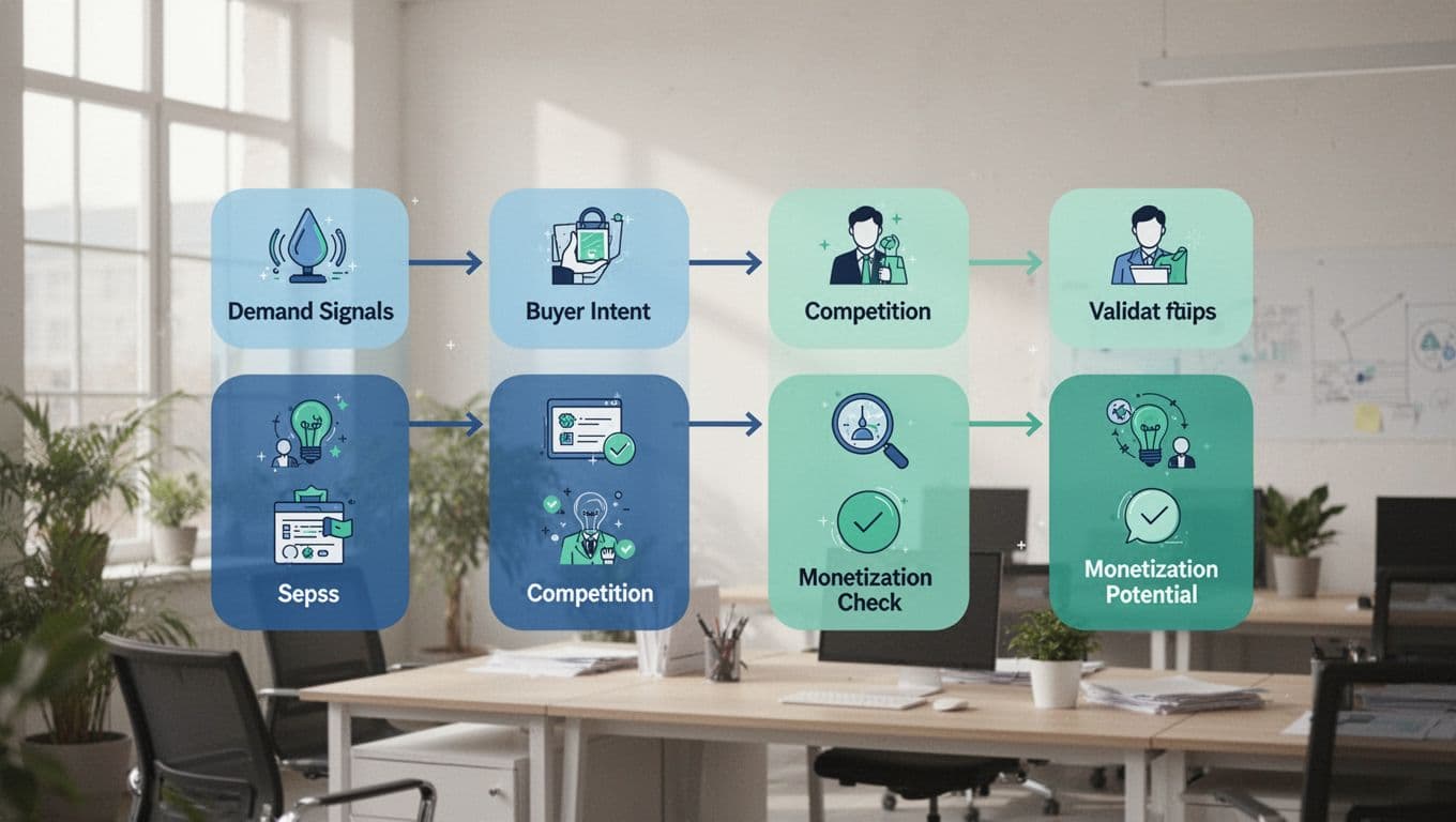 Modern illustration with clean shapes showing a flowchart for validating B2B service trends: demand signals, buyer intent, competition check, monetization potential; icons for each step connected by arrows, neutral office background, strong composition, no text labels, no people, consistent blue green palette, no watermarks.