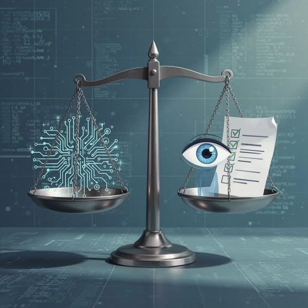 Balanced scale with algorithm symbols on one side and eyes plus checklists on the other, over recruitment dashboard background.