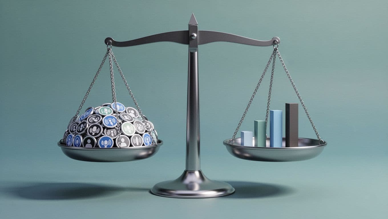 Illustration of a balanced scale comparing Transistor.fm's unlimited podcast features like episodes, storage, and team members against limited generic hosts, using modern clean shapes in a blue-green palette.